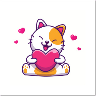 Cute Cat Sitting And Holding Love Cartoon Posters and Art